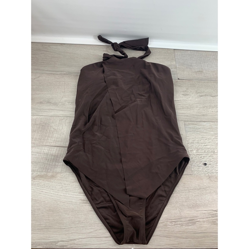 Womens Brown Wrap Halter One Piece Swimsuit Skirted Overlay Size Large Brown